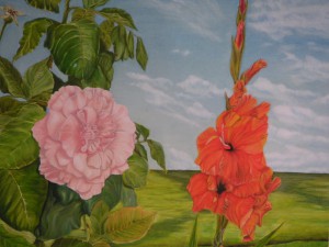 la rosa ed il gladiolo 35x40 olio su tela
